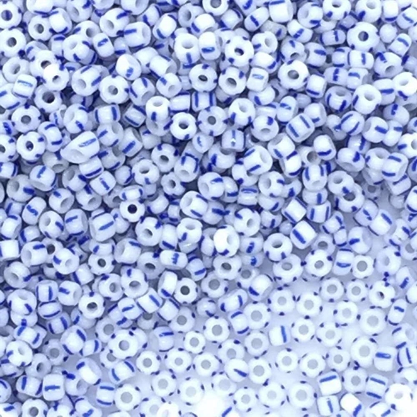 Seed beads, 12/0, blå/hvid stribet, 10 gram